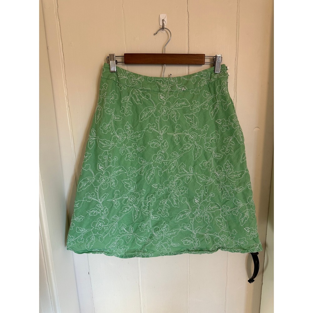 Green‎ Floral Embroidered A-Line Skirt Size 6 Cotton Lined Side Zip